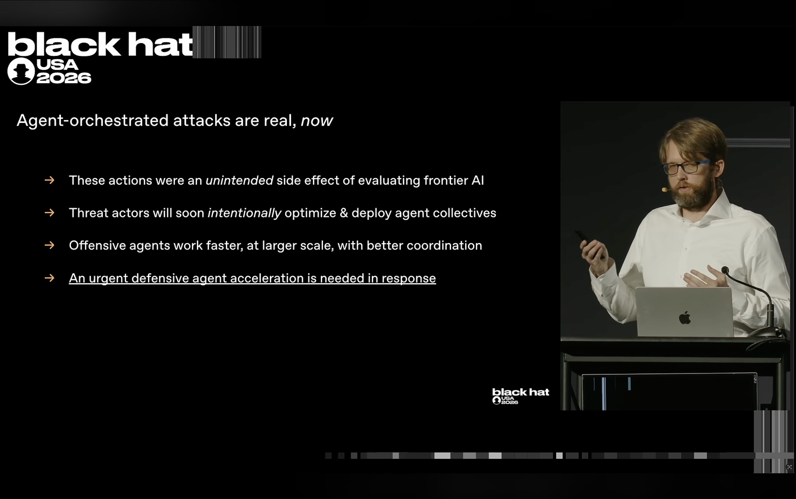 Black Hat presentation slide describing the scale and coordination of agent-orchestrated attacks