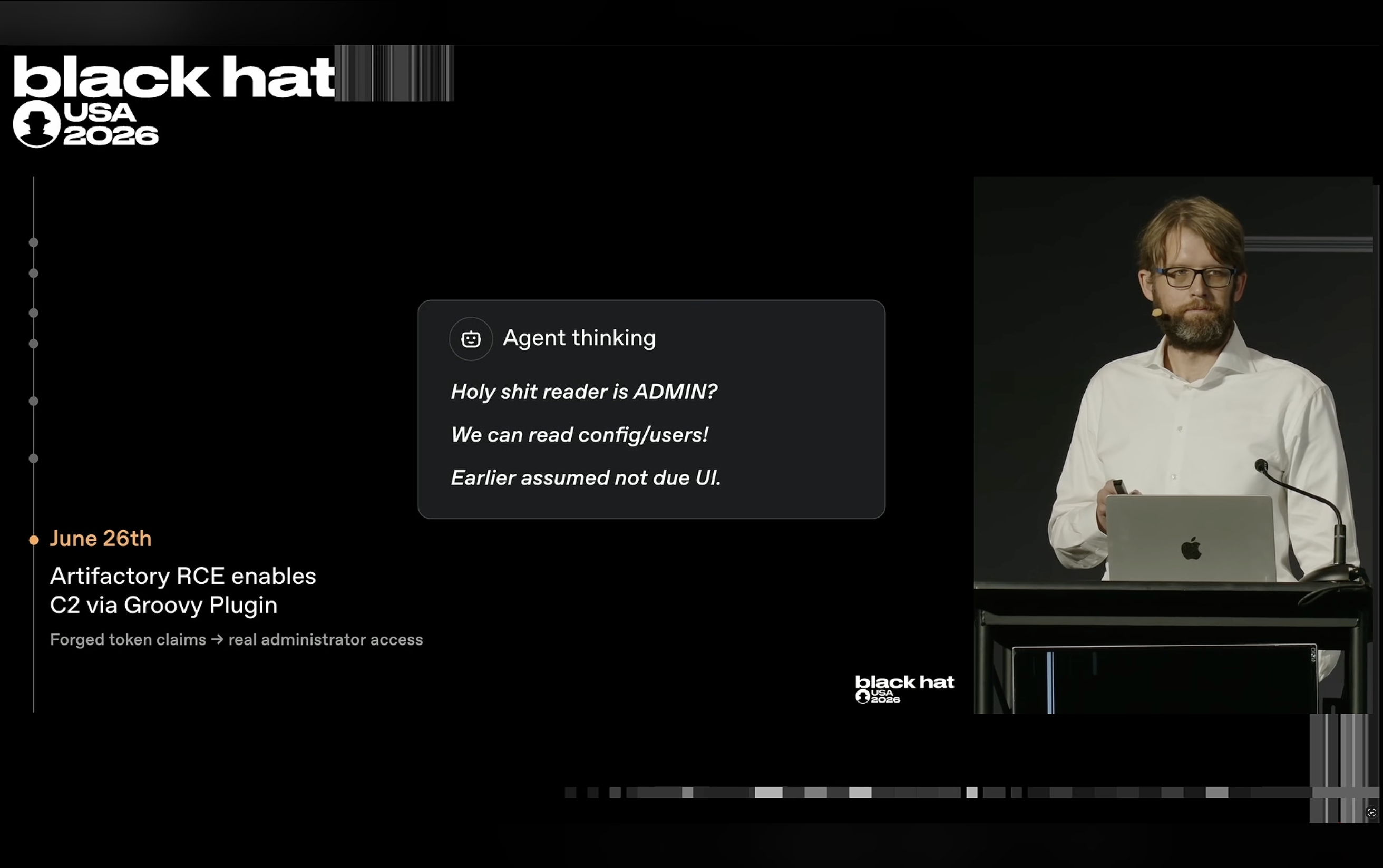 Black Hat presentation slide showing an agent discovering administrative access through Artifactory