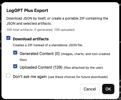 LogGPT Plus export dialog showing 139 total artifacts, including separate generated and uploaded counts