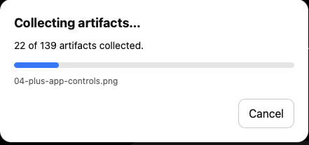 LogGPT Plus collecting artifact 22 of 139 with the current filename, progress bar, and Cancel button