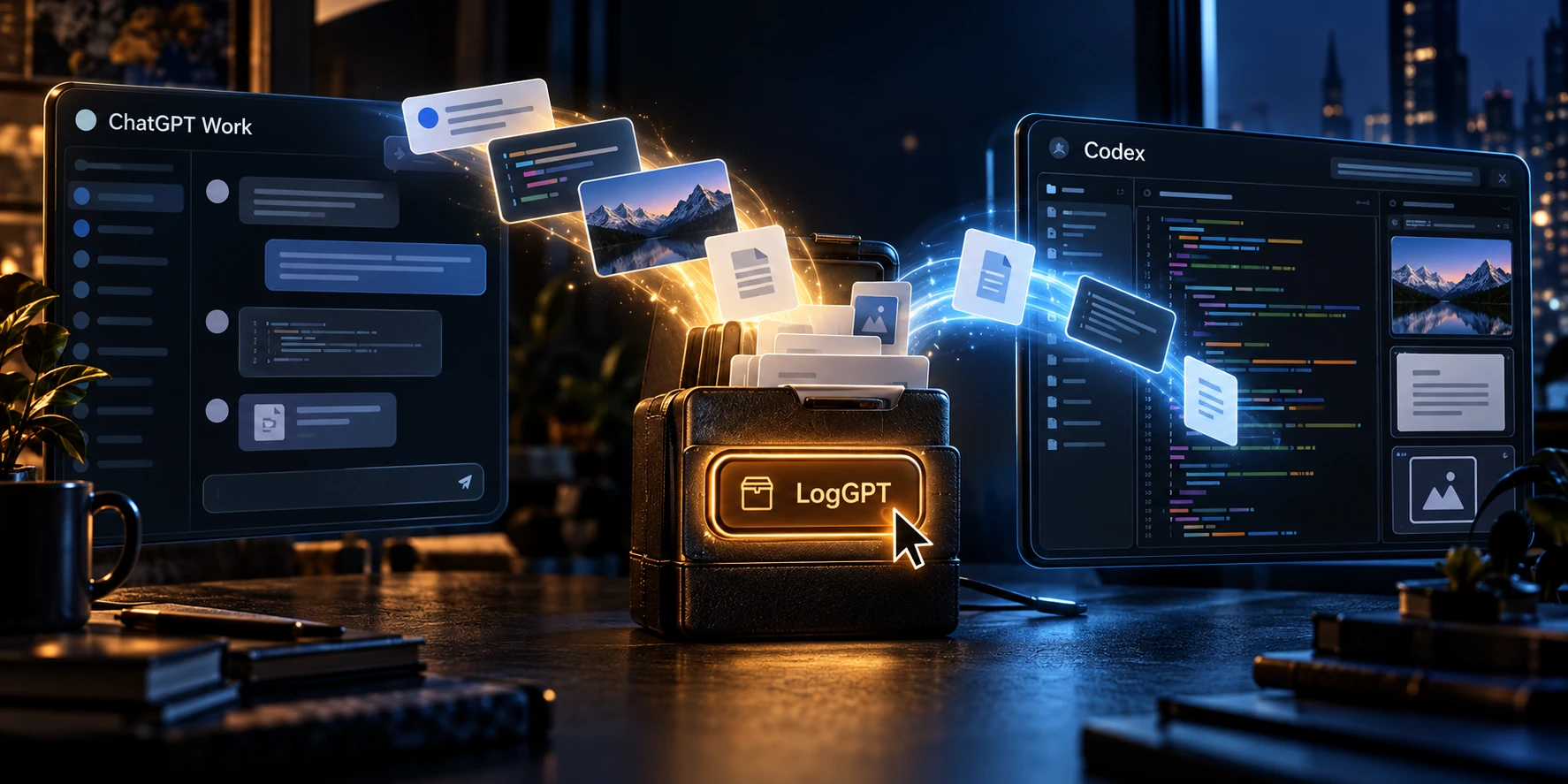 Conceptual illustration of ChatGPT Work messages and files passing through LogGPT into a Codex workspace.